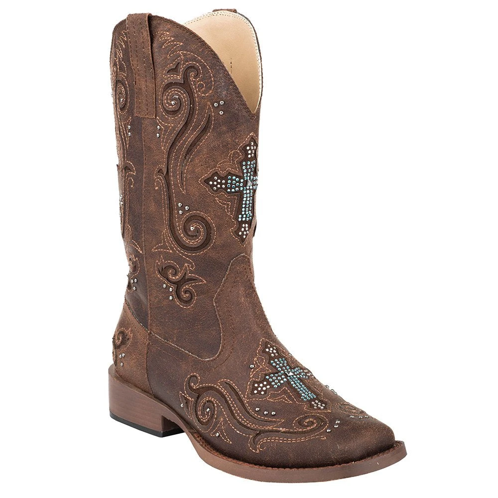 Roper Footwear Women's Brown Faux Vintage Leather With Crystals Cowgirl Boot 1 Roper Footwear Women's Brown Faux Vintage Leather With Crystals Cowgirl Boot