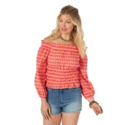 Wrangler Women's Retro Orange With Pink Embroidery Off The Shoulder Top
