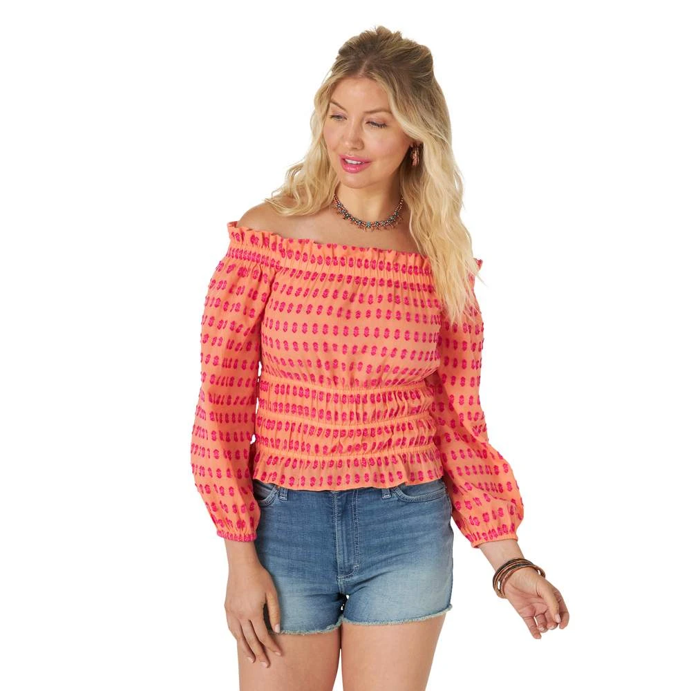 Wrangler Women's Retro Orange With Pink Embroidery Off The Shoulder Top 1 Wrangler Women's Retro Orange With Pink Embroidery Off The Shoulder Top