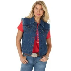Women's Wrangler Medium Wash Distressed Denim Vest