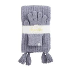 Mud Pie Chenille Grey Scarf And Glove Set