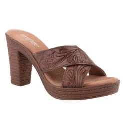 Roper Women's Cognac Tooled Cross Strap Platform
