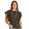 Panhandle Womens Washed Flutter Sleeve Top