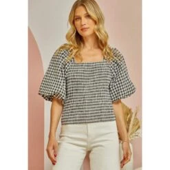 Andrée Women's Gingham Puff Sleeve Square Neck Top