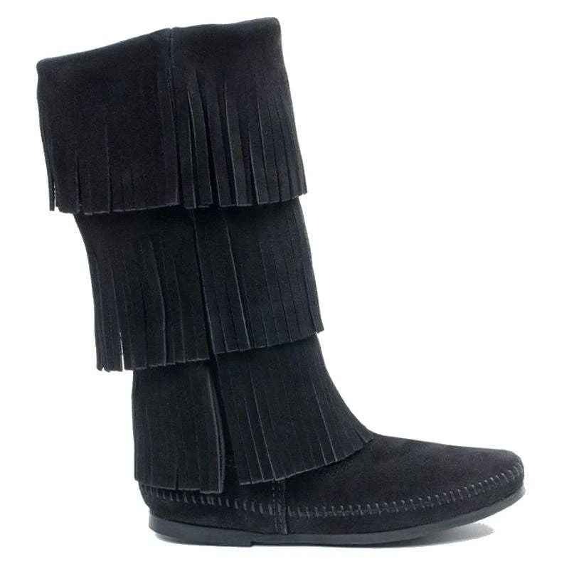 Minnetonka Women's Black 3 Layer Fringe Boots 4 Minnetonka Women's Black 3 Layer Fringe Boots - Image 4
