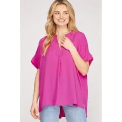She & Sky Womens Drop Shoulder Magenta Pink Woven Top