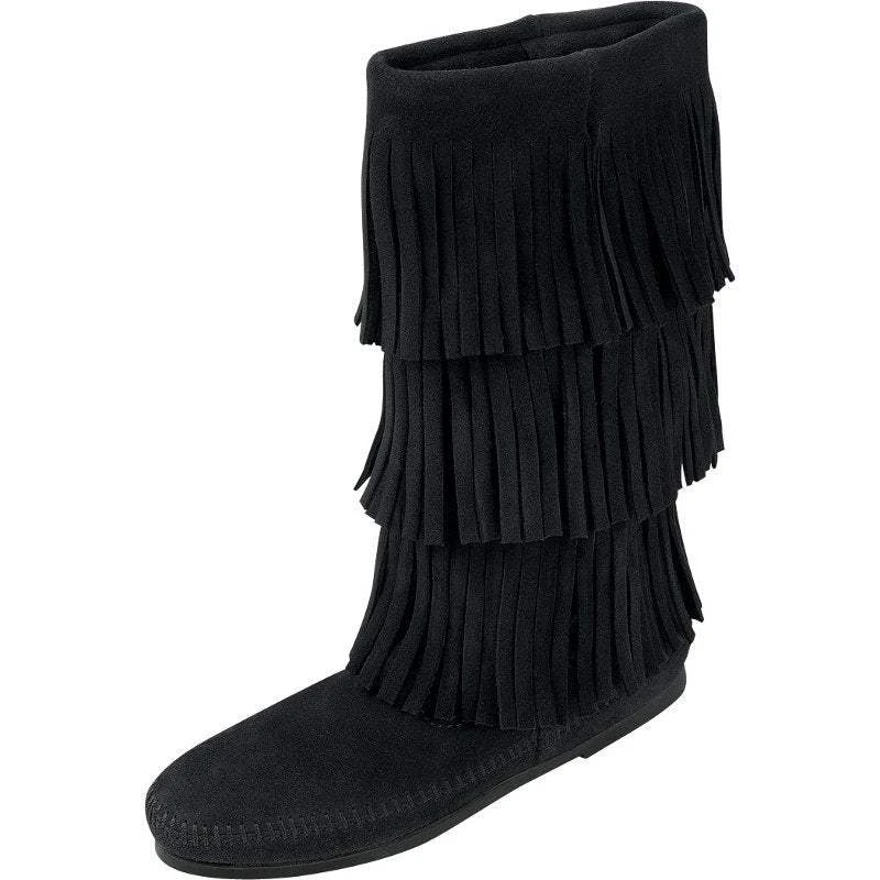 Minnetonka Women's Black 3 Layer Fringe Boots 1 Minnetonka Women's Black 3 Layer Fringe Boots